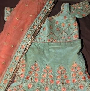 Brand New! Seafoam Green Embroidered Lehenga with Peach Dupatta
